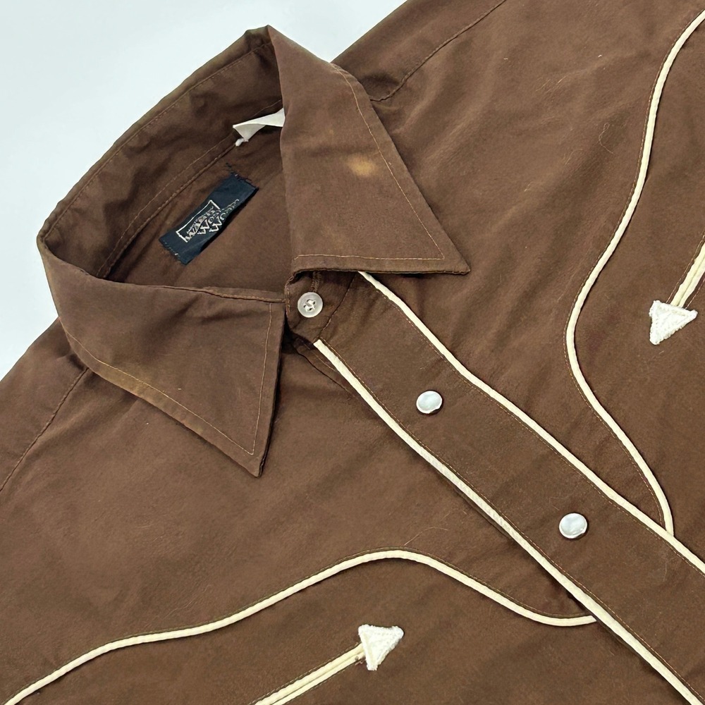 Montgomery Ward Western Shirt Mens L Brown Pearl Snap Smile Pocket Vintage 70s